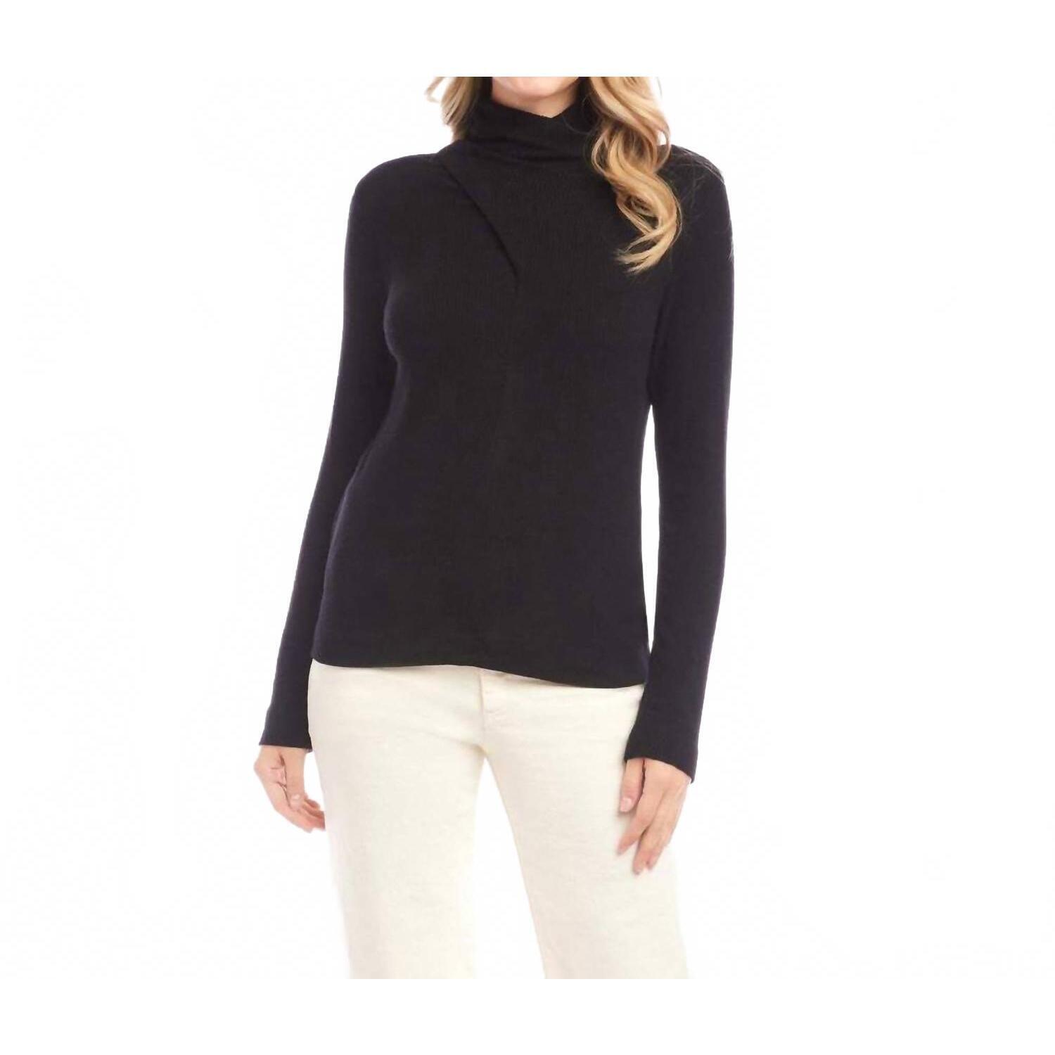 New Karen Kane Ribbed Faux Wrap Turtleneck Top In Black